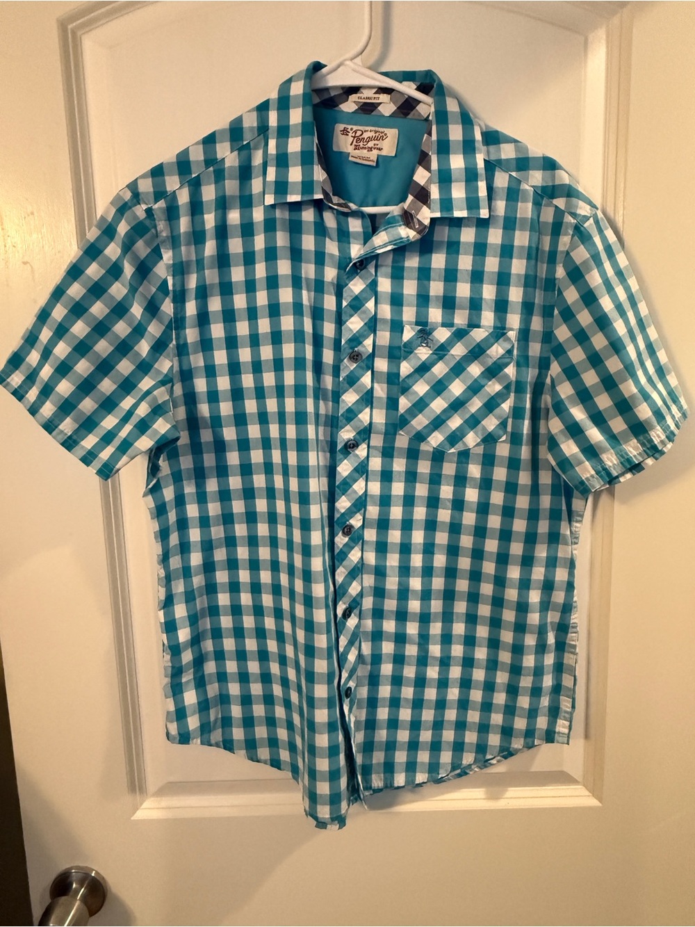 Original Penguin Teal and White Check Short-Sleeve Button-Down